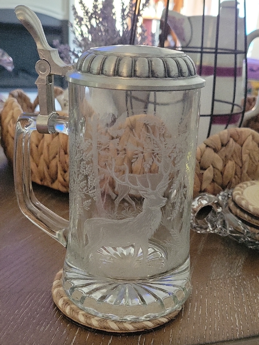 Vintage Domex Etched Glass Beer Stein with Pewter Lid - Deer Forest Motif